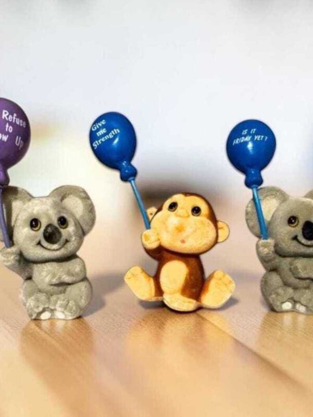 Vintage Flocked Koala and Monkey Figurines with Balloons, 1970s Retro Kitsch